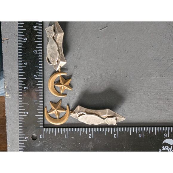 Artisan Cat Statement Silver Tone Star Moon Dangle Earrings 3 1/4" - Picture 5 of 5